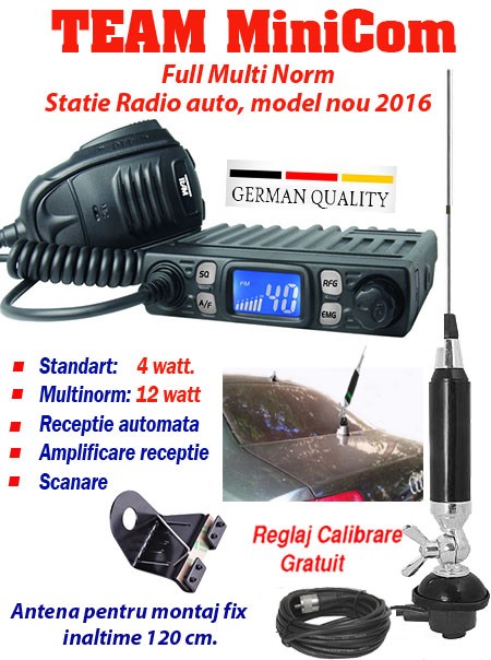 Statie Radio Auto CB + Statie radio model MiniCom 2016 plus antena cu suport pentru montaj fix